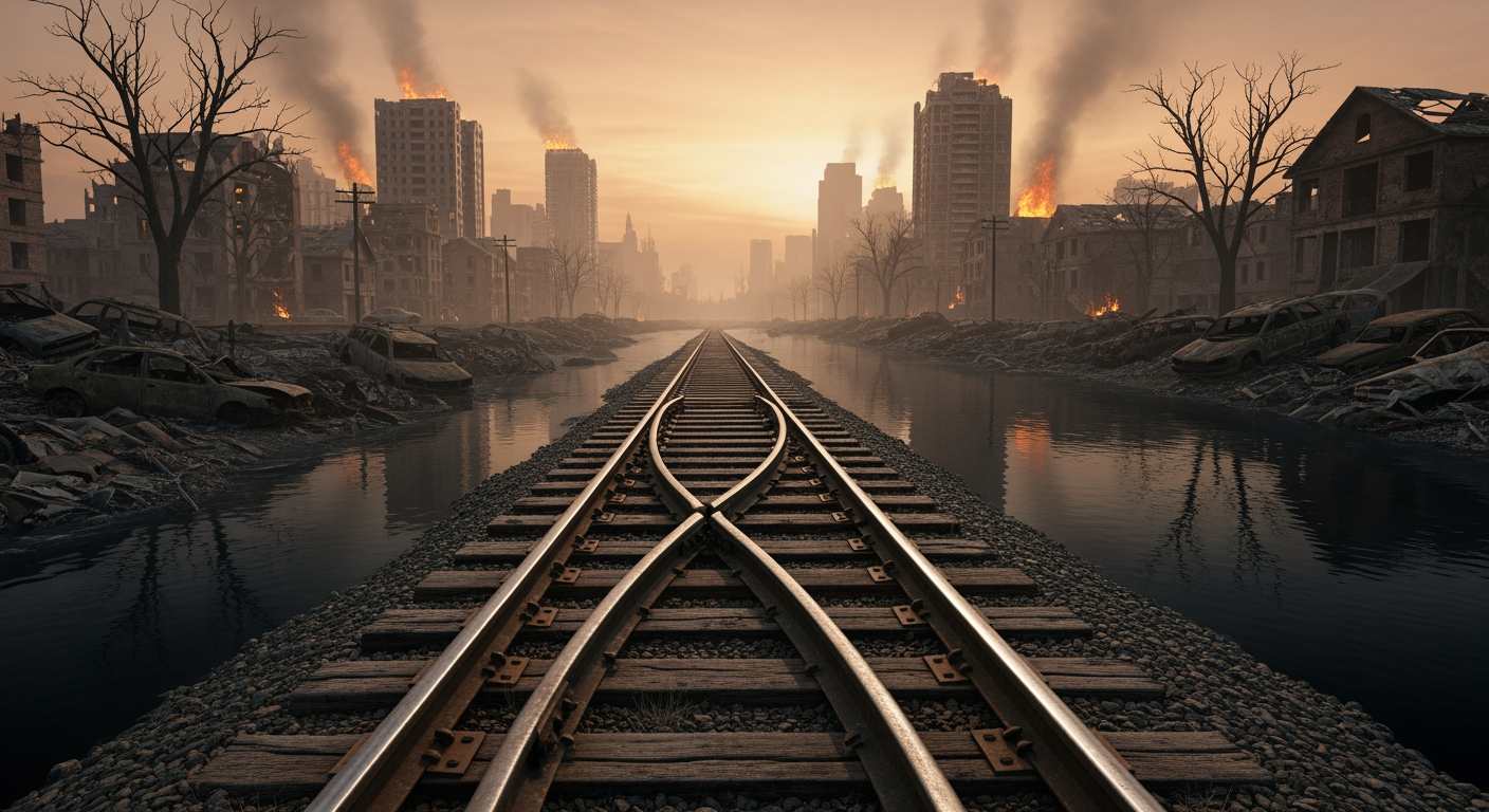 AI Design for A photorealistic image. An apocalyptic landscape. Burning, ruined buildings, wrecked cars, withered trees, and a black river. A pair of railway tracks stretches endlessly across the landscape. The main subject is the railway tracks.