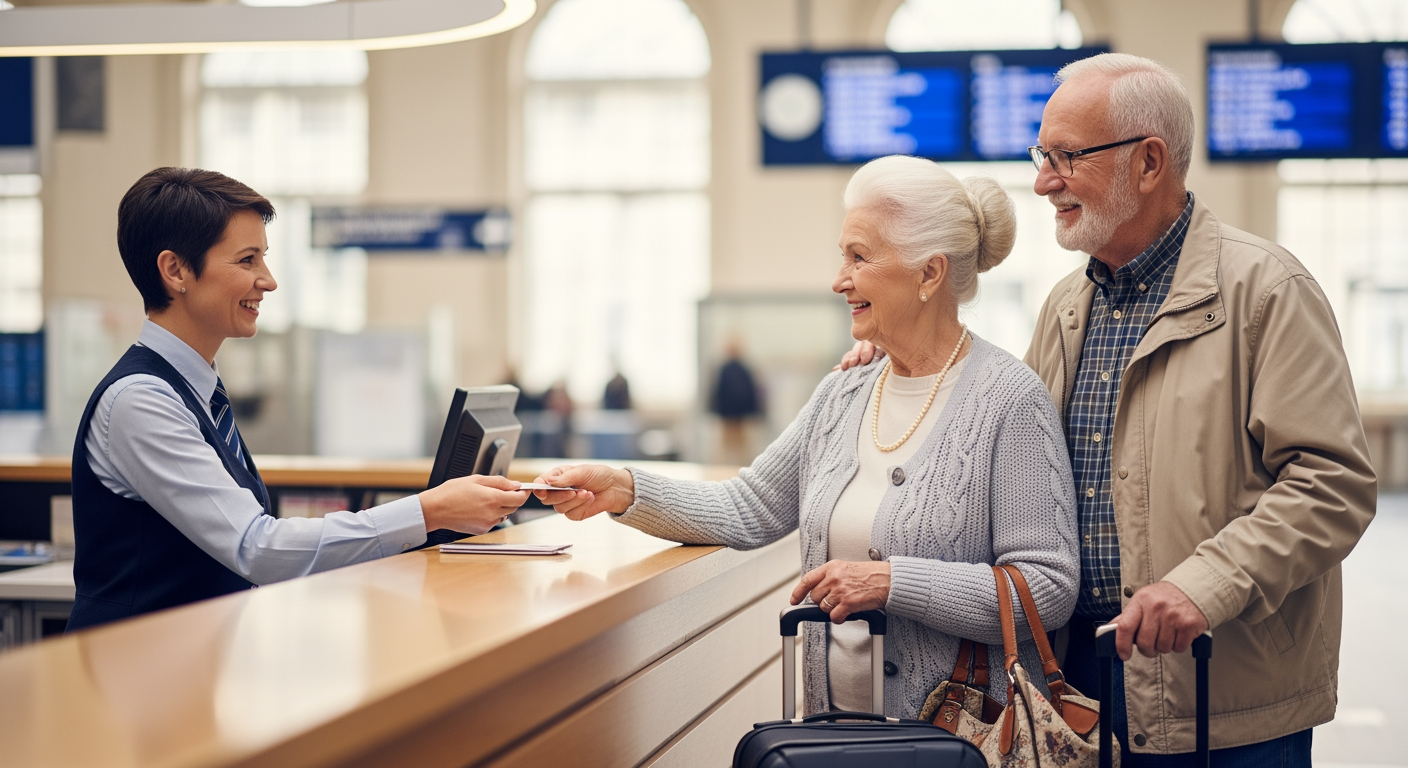 AI Design for A photorealistic image. A cheerful atmosphere inside a modern railway station at a ticket counter. An elderly person is purchasing a ticket. The image focuses on the couple and the ticket purchase.