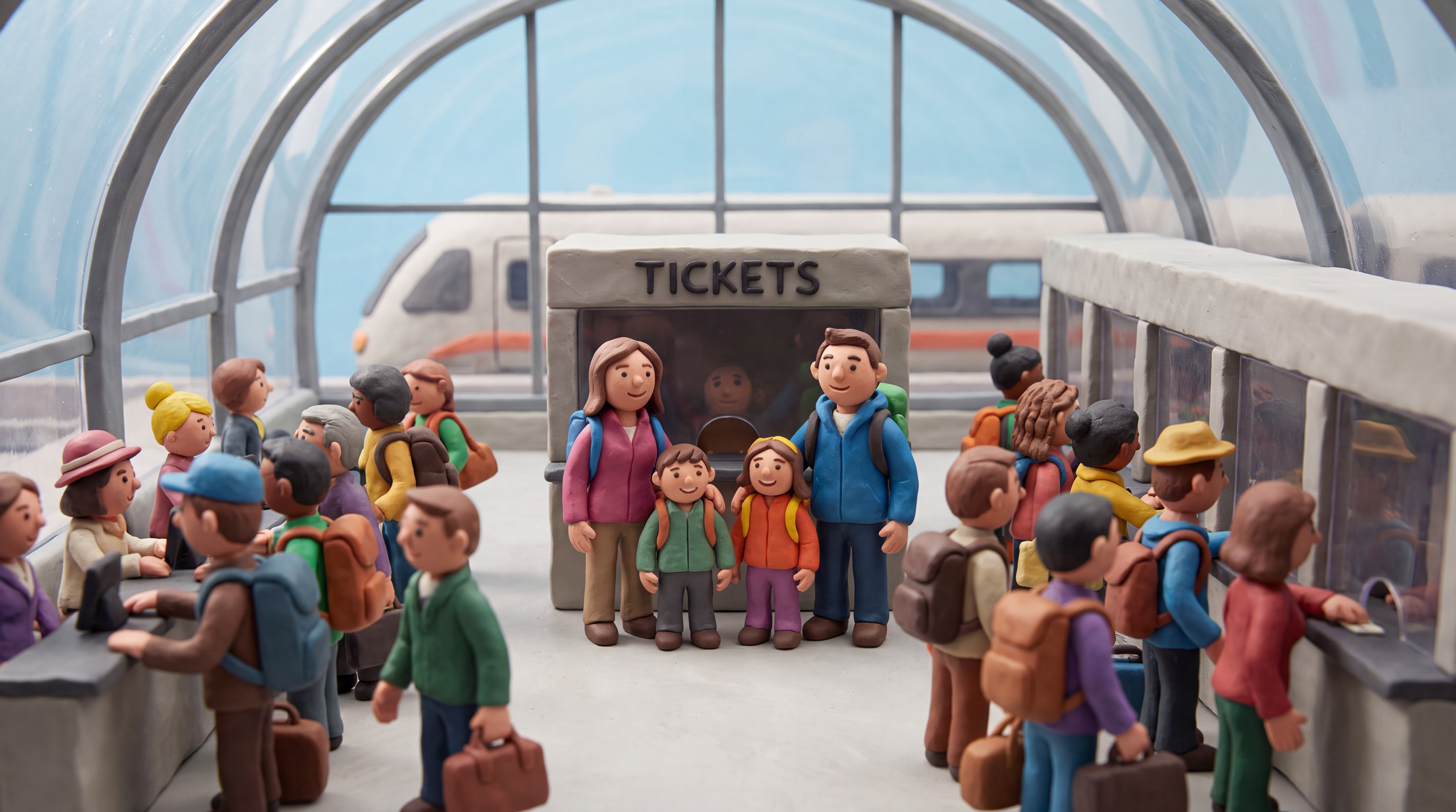 AI Design for Figures and a setting made of modeling clay. The ticket office of a modern railway station. A family is queuing in front of the ticket counter, wanting to buy tickets. The family is the focal point, surrounded by the station concourse, which is teeming with people all heading toward the ticket counters. The clay environment and the clay figures are true-to-life; the figures look photorealistic, happy, and smiling.