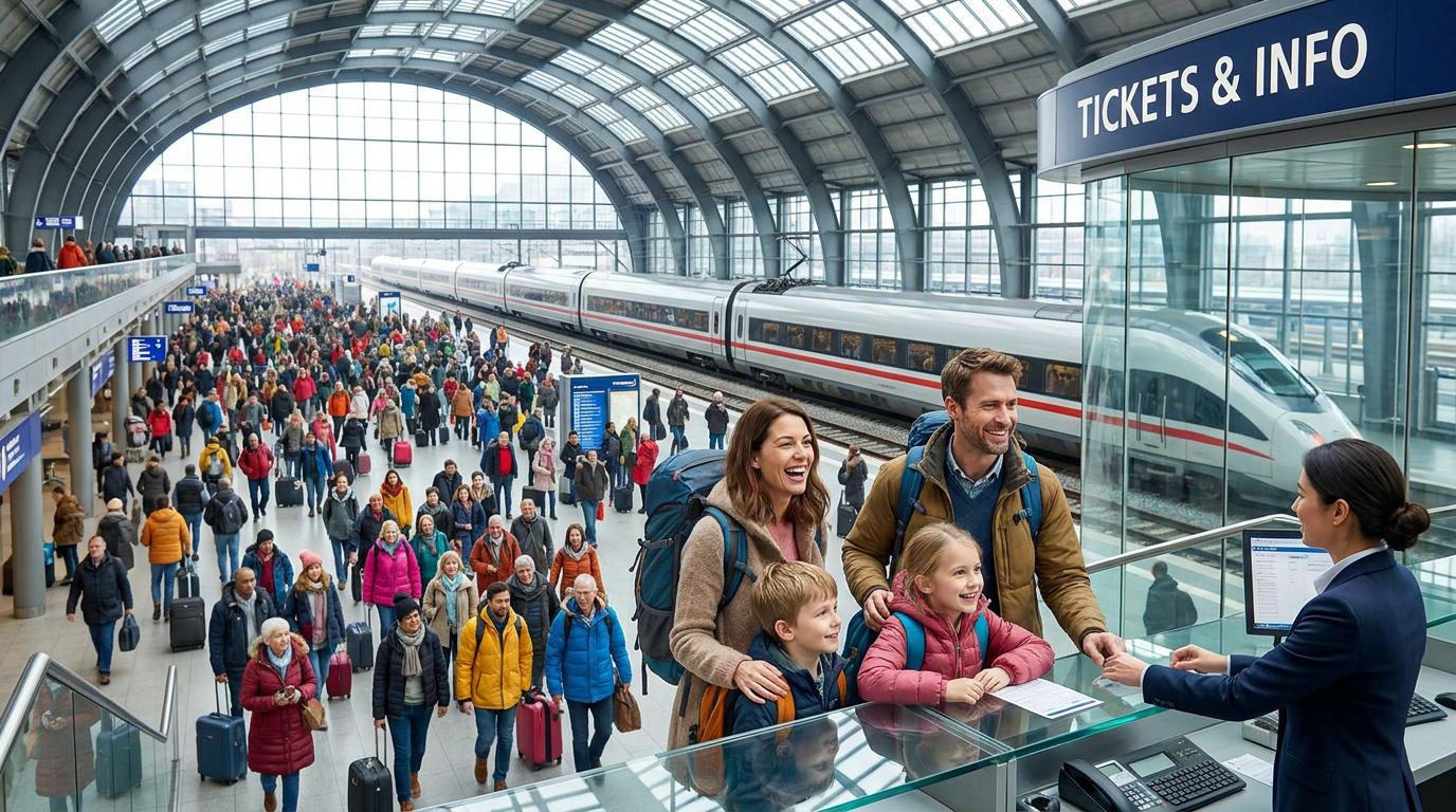 AI Design for A modern, gigantic railway station. A ticket counter. A happy family is buying tickets in front of the counter. A massive, colorful, happy, and cheerful crowd fills the station, with a long train visible in the background. The family buying tickets is the focal point. A clear, sharp image.