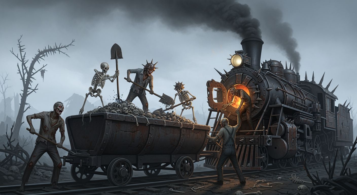 AI Design for Zombies and skeletons are stoking a steam locomotive, shoveling ash and bones from the back of the wagon into the firebox. It is an apocalyptic setting with a somber atmosphere, and thick smoke billows from the locomotive.
