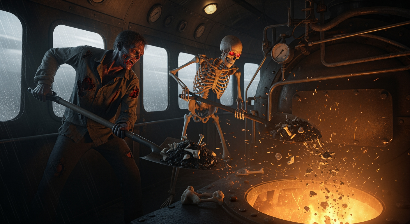 AI Design for Inside a speeding steam locomotive, a zombie and a skeleton are shoveling bones and ash into the firebox. Apocalyptic atmosphere, photorealistic image.