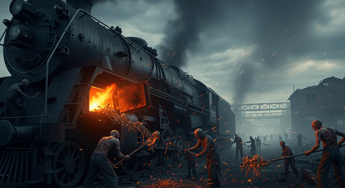 AI Design for covered in ash and smoke. Zombies and skeletal figures are feeding the locomotive furnace, shoveling bones and burned remains into the glowing firebox. A hellish orange glow bursts from the open furnace door, sparks and embers flying through the air. The black steam engine releases thick smoke into a stormy sky. Abandoned industrial railway station in the background, ruined buildings, heavy fog, dark horror atmosphere, cinematic composition, ultra realistic details, dark fantasy, dramatic lighting, photorealistic, 8K, epic apocalyptic scene, movie still style. Aspect ratio 16:9.