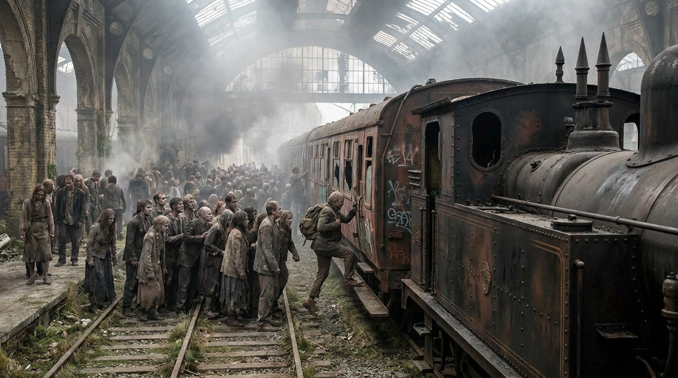 At a railway station, throngs of zombie-like people are boarding a dilapidated, apocalyptic, wrecked train. They are in the act of stepping onto the train's steps. Behind the person boarding, the vast, ruined, weed-choked, and smoky station is visible, filled with crowds of people waiting to board the train. A Gothic steam locomotive stands in front of the railway carriage. A crisp, sharp image. Photorealistic.