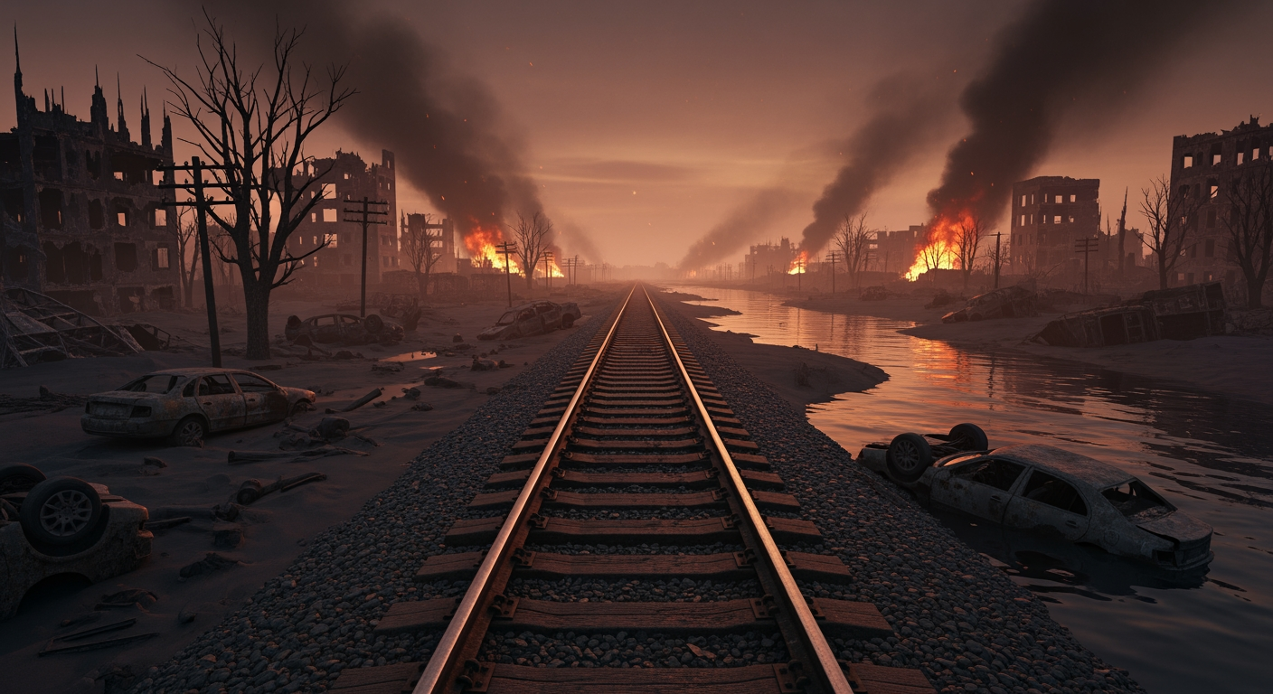 AI Design for A photorealistic image. An apocalyptic landscape. Burning, ruined buildings, wrecked cars, withered trees, and a black river. A pair of railway tracks stretches endlessly across the landscape. The main subject is the railway tracks.
