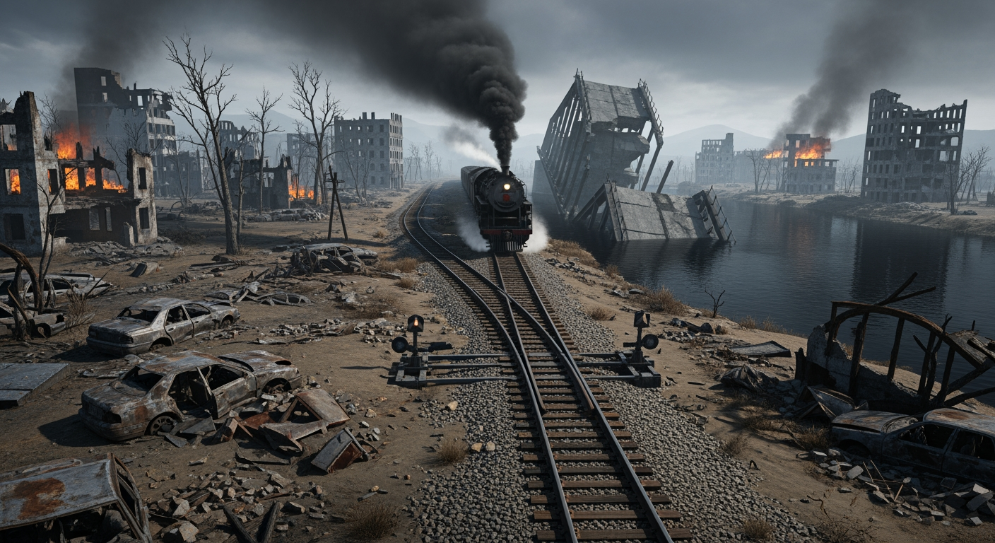 AI Design for A photorealistic image of a post-apocalyptic landscape. Burning, ruined buildings, wrecked cars, withered trees, and a black river. A pair of railway tracks stretches endlessly across the landscape. A steam locomotive, billowing thick smoke, moves toward a collapsed bridge. The tracks split at a broken switch. The main subjects are the bridge and the train.