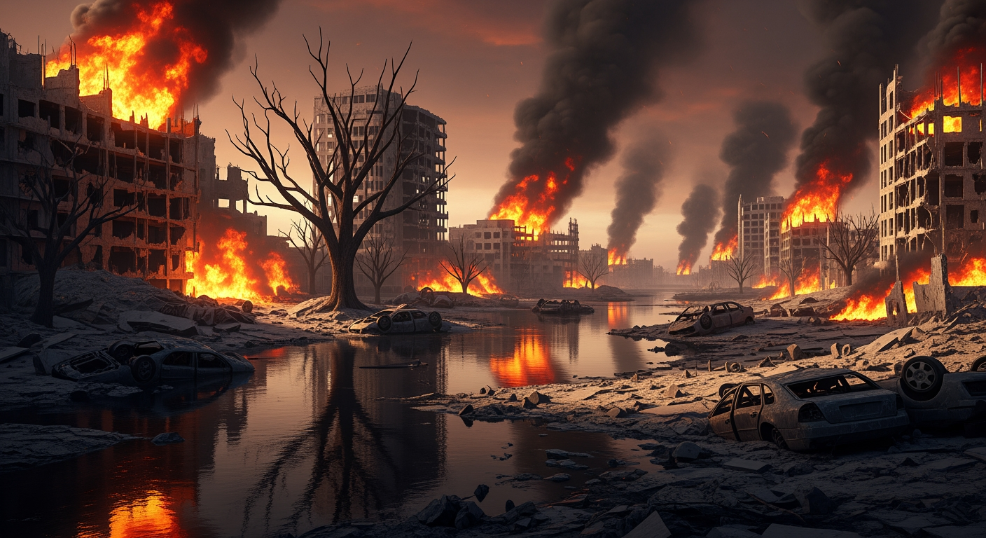 AI Design for Photorealistic image. Apocalyptic landscape. Burning, ruined buildings, wrecked cars, withered trees, a black river.