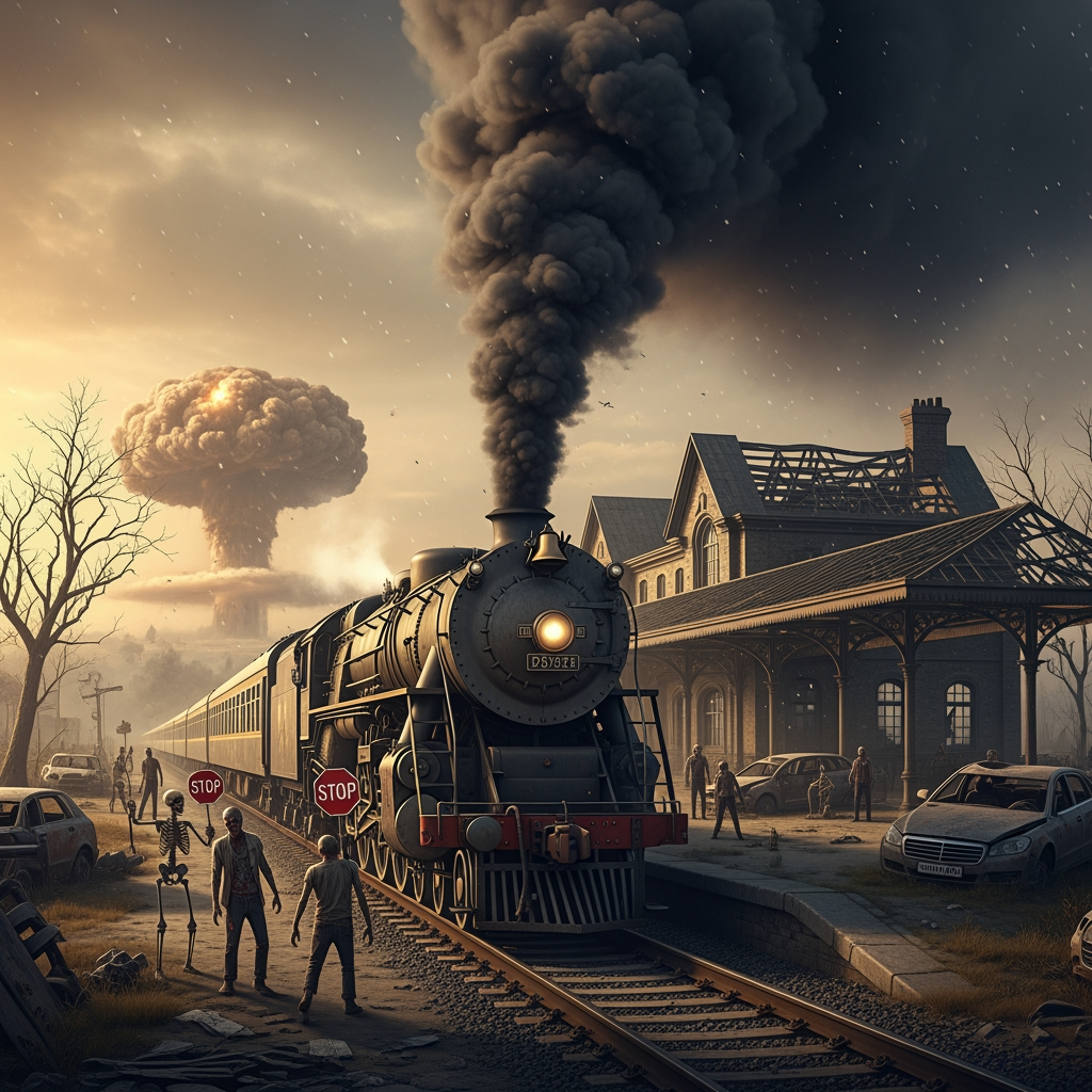 AI Design for A photorealistic image of a steam locomotive viewed from the side, set in an apocalyptic landscape featuring a ruined railway station, wrecked cars, and withered trees. In the distance, the mushroom cloud of a nuclear explosion rises. Endless passenger carriages trail behind the locomotive, and massive smoke billows from its smokestack. Zombies and skeletons stand in front of the engine, holding "STOP" signs.