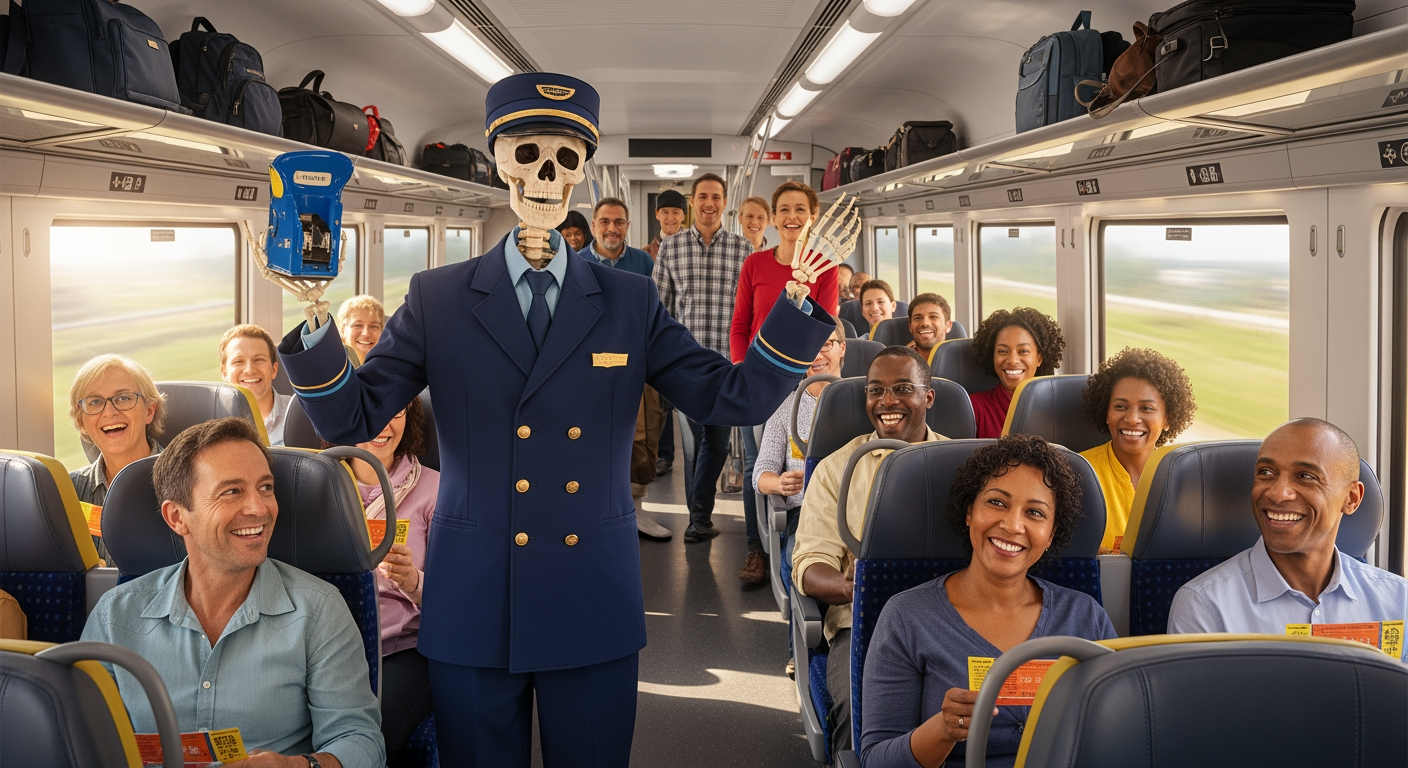 AI Design for Photorealistic image.The interior of a modern train, filled with cheerful passengers. Every seat is taken, and several people are standing. Standing among the colorful, happy passengers is a skeleton conductor—a ticket inspector.