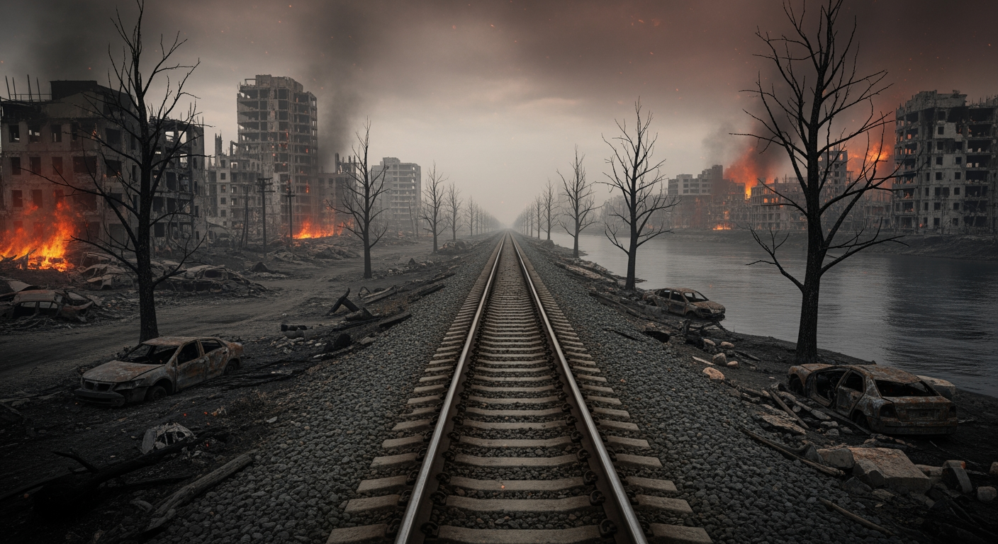 AI Design for A photorealistic image. An apocalyptic landscape. Burning, ruined buildings, wrecked cars, withered trees, and a black river. A pair of railway tracks stretches endlessly across the landscape. The main subject is the railway tracks.