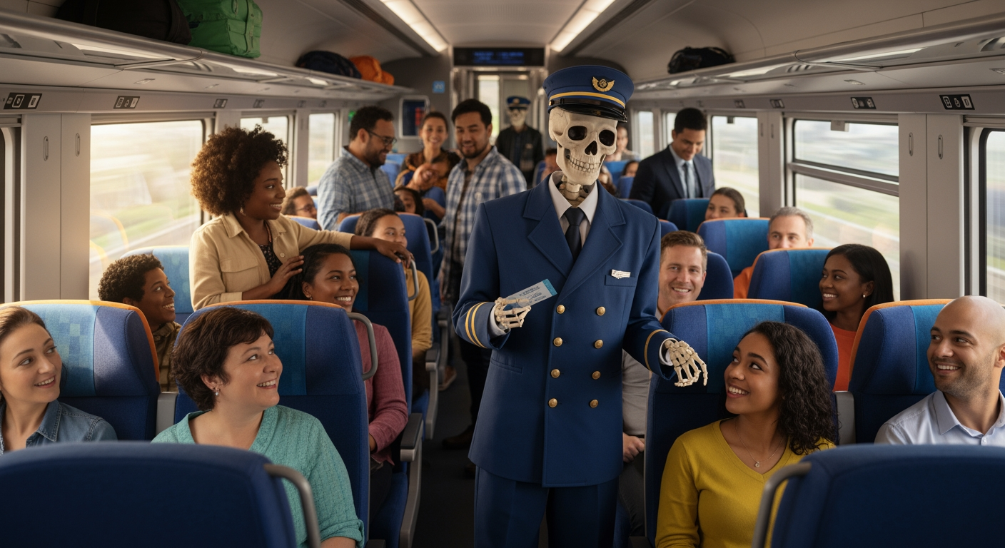 AI Design for Photorealistic image.The interior of a modern train, filled with cheerful passengers. Every seat is taken, and several people are standing. Standing among the colorful, happy passengers is a skeleton conductor—a ticket inspector.