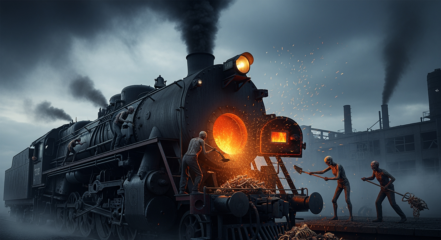 AI Design for covered in ash and smoke. Zombies and skeletal figures are feeding the locomotive furnace, shoveling bones and burned remains into the glowing firebox. A hellish orange glow bursts from the open furnace door, sparks and embers flying through the air. The black steam engine releases thick smoke into a stormy sky. Abandoned industrial railway station in the background, ruined buildings, heavy fog, dark horror atmosphere, cinematic composition, ultra realistic details, dark fantasy, dramatic lighting, photorealistic, 8K, epic apocalyptic scene, movie still style. Aspect ratio 16:9.