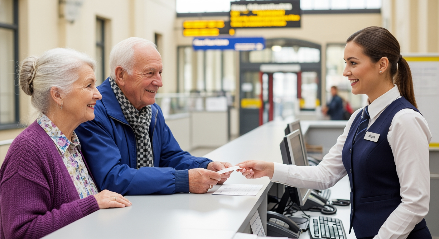 AI Design for A photorealistic image. A cheerful atmosphere inside a modern railway station at a ticket counter. An elderly person is purchasing a ticket. The image focuses on the couple and the ticket purchase.