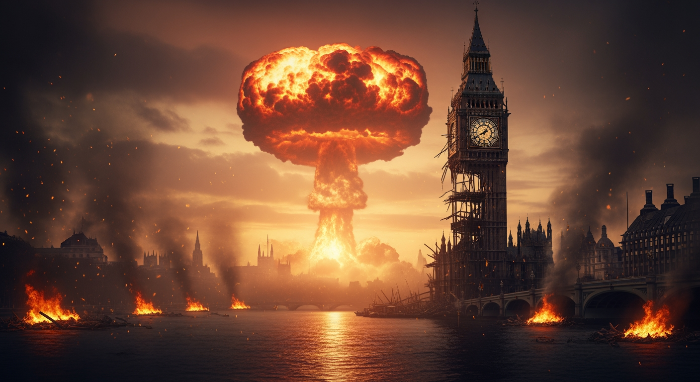 AI Design for A photorealistic image with an apocalyptic atmosphere. The Big Ben clock tower is visible; the tower is in ruins, yet the clock remains in place, showing the time as 12 o'clock. A nuclear mushroom cloud appears in the background. The clock tower is positioned slightly to the right of the frame. A pitch-black river flows by. Everything is burning and smoking.