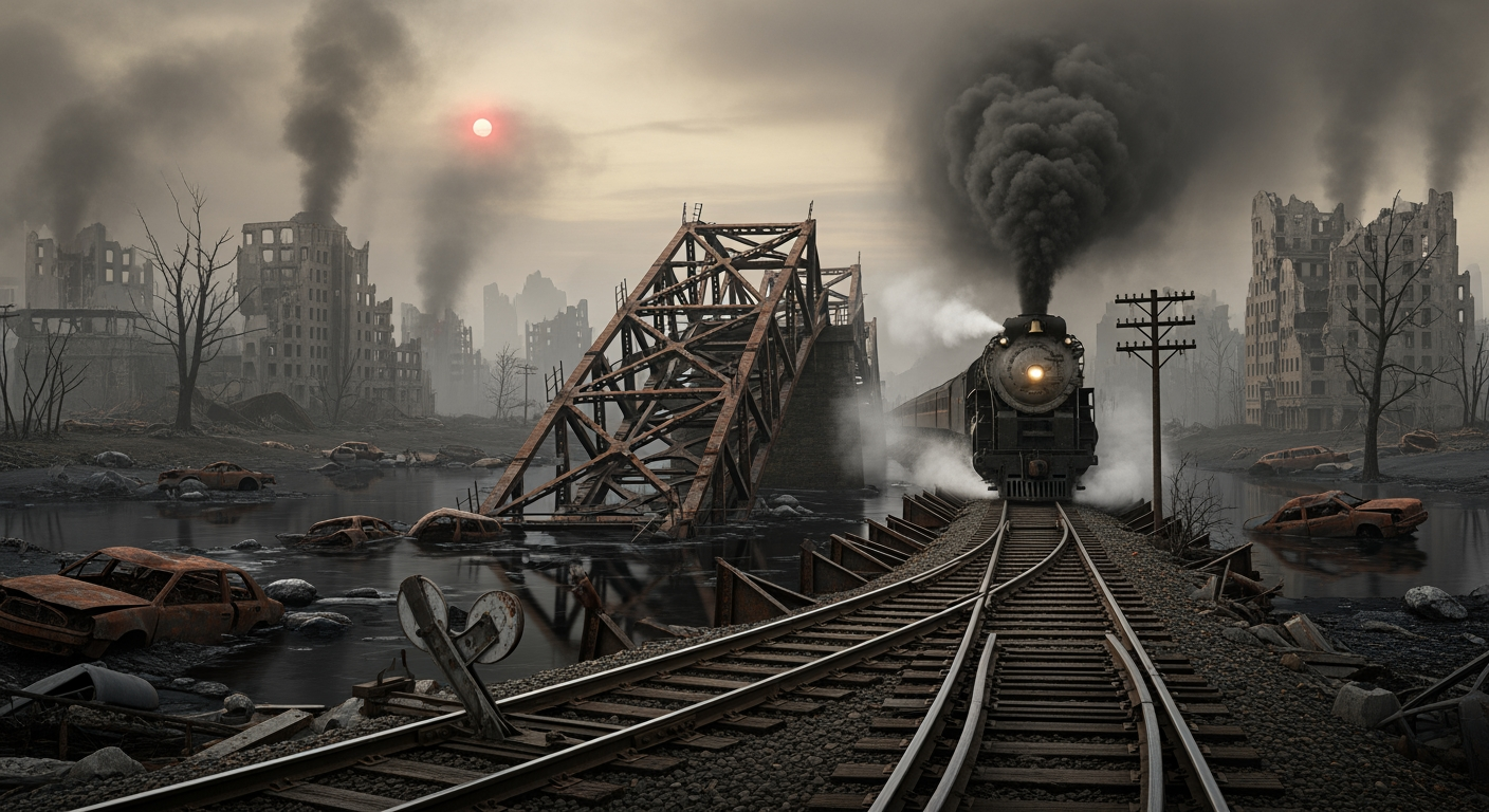 AI Design for A photorealistic image. An apocalyptic landscape featuring a collapsed railway bridge. Burning, ruined buildings, wrecked cars, withered trees, and a river of black, pitch-like water. A pair of tracks stretches endlessly across the landscape. A steam locomotive, billowing thick smoke, is heading toward the collapsed bridge. The track splits at a switch, which is broken. The main subjects are the bridge and the train.