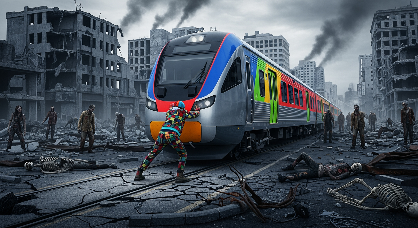 AI Design for A photorealistic image. A person in colorful clothing stands in front of a modern train, attempting to push it back. Both the train and the person are photorealistic and colorful. The surroundings are gray and apocalyptic, filled with zombies, skeletons, and ruins