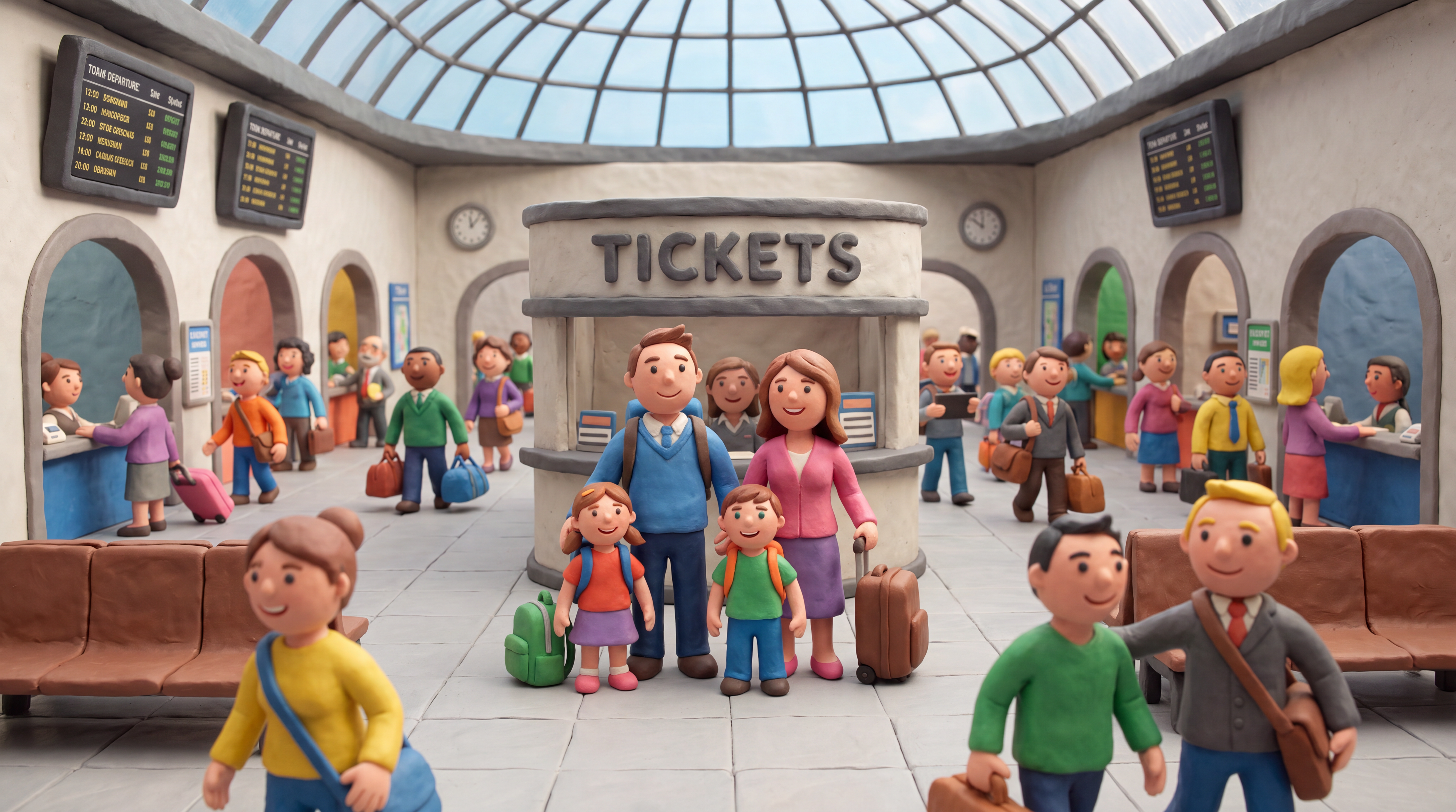 AI Design for Figures and a setting made of modeling clay. The ticket office of a modern railway station. A family is queuing in front of the ticket counter, wanting to buy tickets. The family is the focal point, surrounded by the station concourse, which is teeming with people all heading toward the ticket counters. The clay environment and the clay figures are true-to-life; the figures look photorealistic, happy, and smiling.