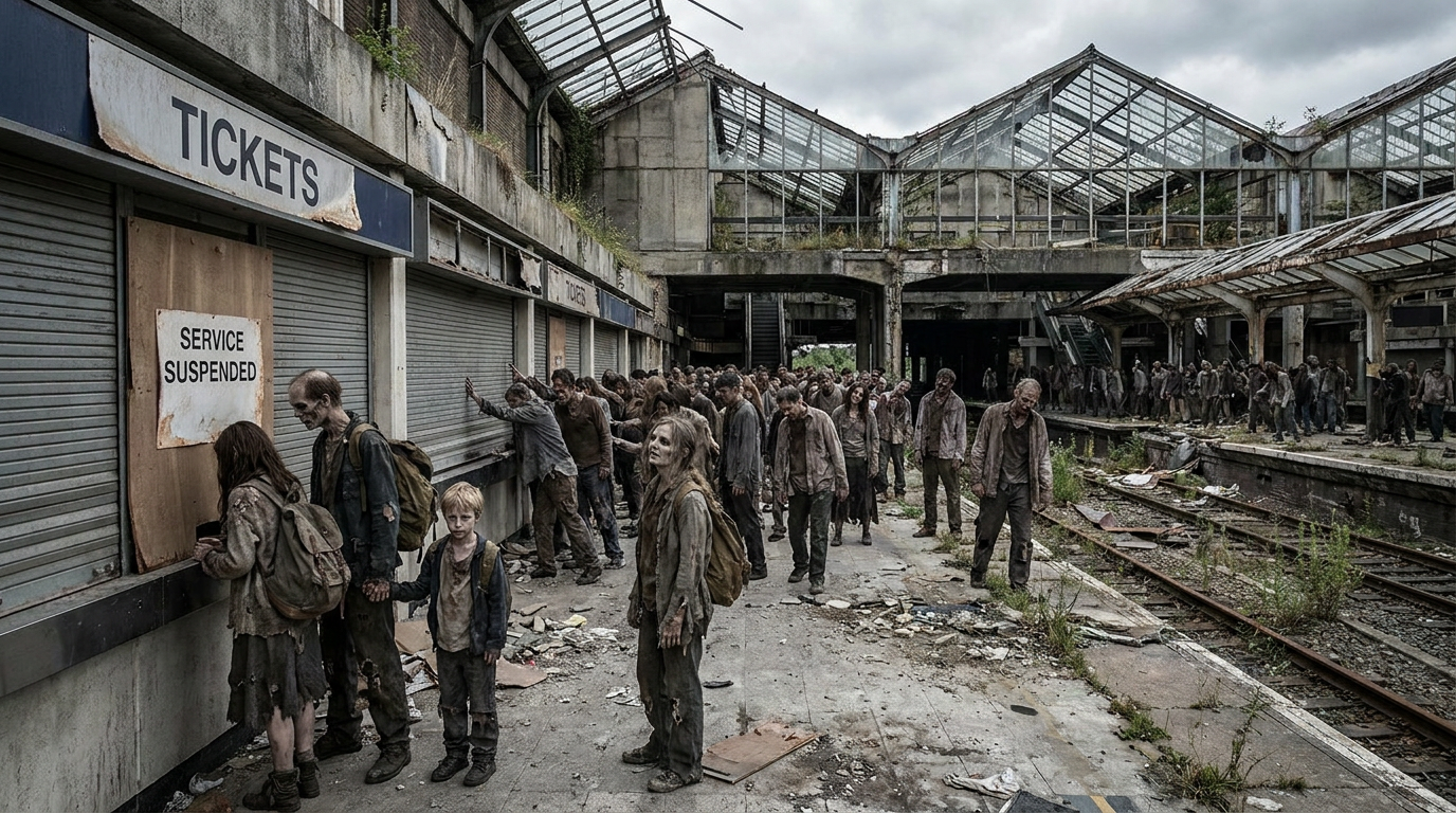 AI Design for A modern-day, apocalyptic, crumbling, dilapidated railway station. A family resembling skeleton-zombies is queuing in front of the ticket office; they want to buy tickets. The family is the focal point, surrounded by the vast station, which is teeming with zombie-like figures in tattered clothes, all trying to reach the ticket counters. A realistic apocalyptic setting featuring lifelike, ragged zombies—people who look real yet miserable. A crisp, sharp image.