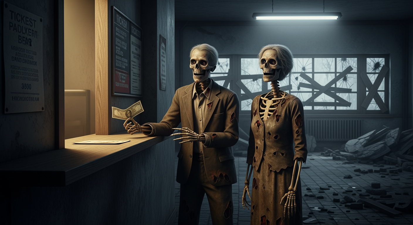 AI Design for A photorealistic image. An apocalyptic atmosphere inside a railway station, at a ticket counter. An elderly zombie-skeleton couple is buying tickets; the couple is wearing tattered clothes. The image focuses on the couple and the act of buying tickets.