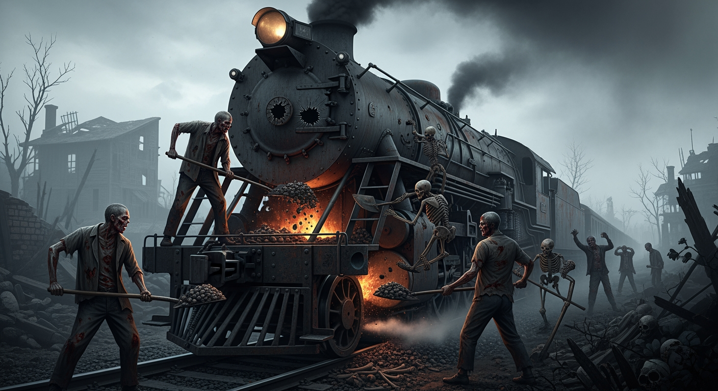 AI Design for Zombies and skeletons are stoking a steam locomotive, shoveling ash and bones into its firebox. The setting is apocalyptic and the atmosphere grim; thick smoke billows from the engine.