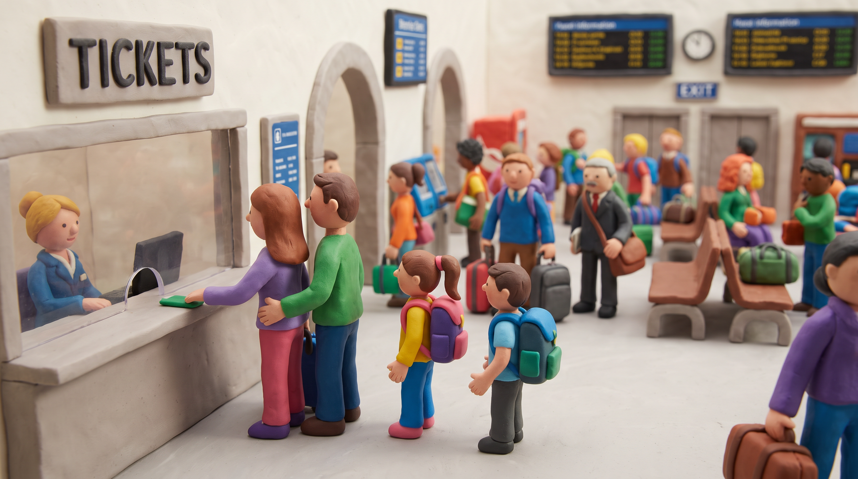 AI Design for Figures and a setting made of modeling clay. The ticket office of a modern railway station. A family is queuing in front of the ticket office, wanting to buy tickets. The family is the focal point, surrounded by the station concourse, which is teeming with people all heading toward the ticket counters. A realistic clay environment and realistic clay figures.