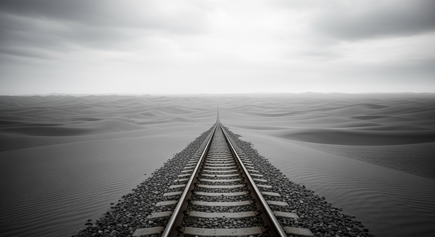 AI Design for .End of the world, apocalyptic atmosphere. A pair of tracks leading into infinity. A gray desert, gray sand dunes. A completely empty, desolate landscape.