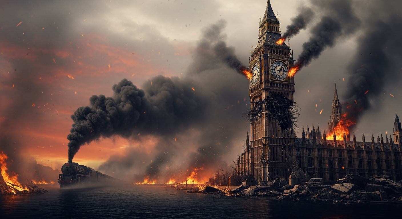 AI Design for A photorealistic image with an apocalyptic atmosphere. The Big Ben clock tower is visible; the tower is in ruins, yet the clock remains in place, showing the time as 12 o'clock. In the background, a steam locomotive appears with thick smoke billowing from its funnel. The clock tower is positioned slightly to the right of the frame. A pitch-black river flows by. Everything is burning and smoking.