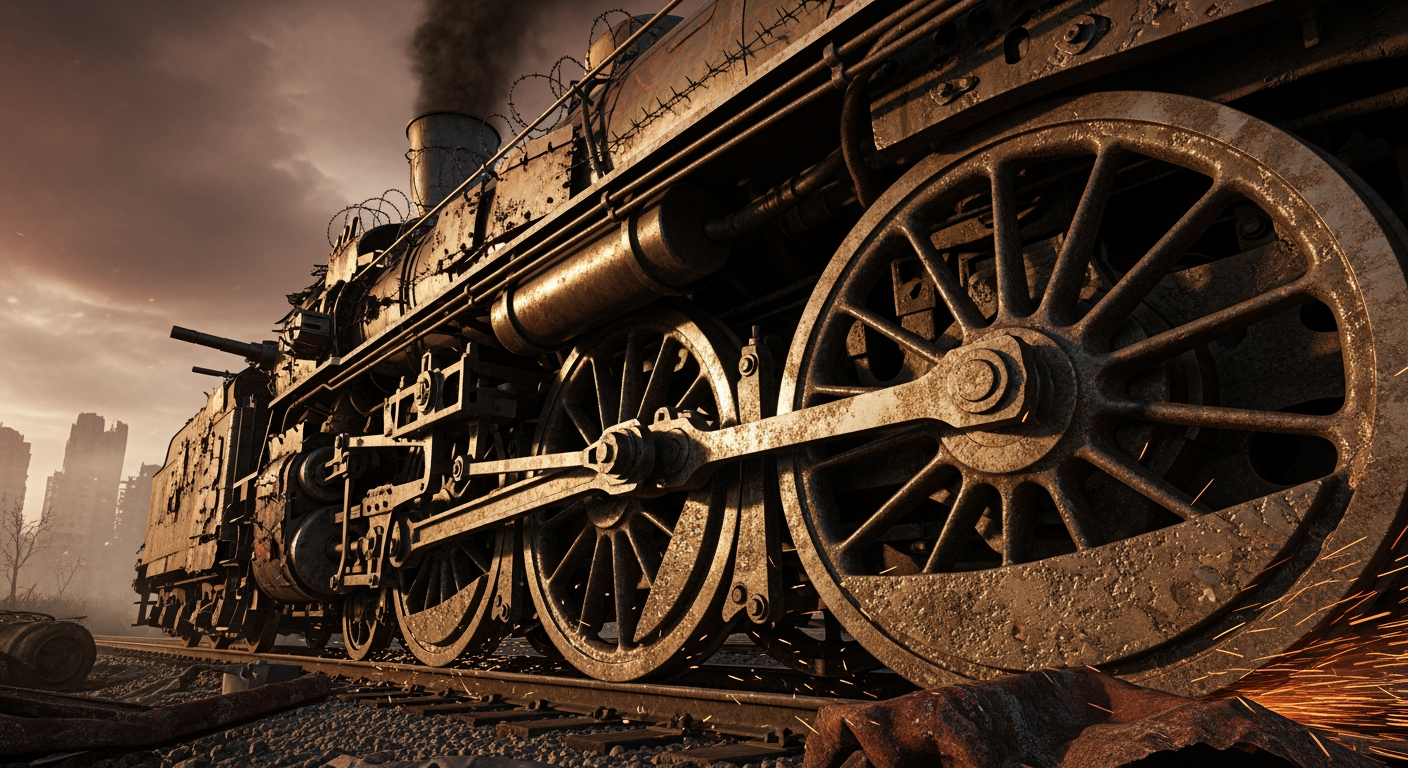 AI Design for An apocalyptic atmosphere. A steam locomotive; the image focuses on the locomotive's wheels, though the locomotive itself is also visible.