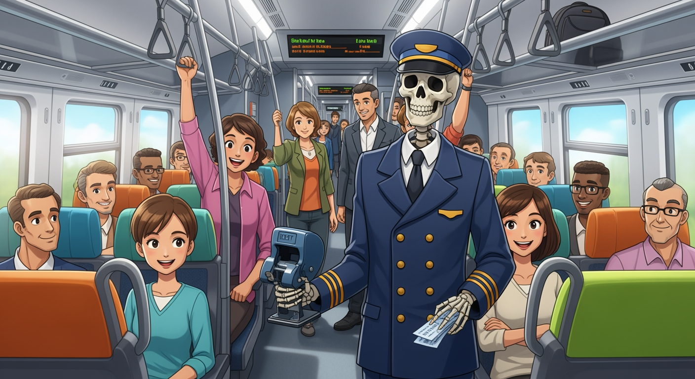 AI Design for The interior of a modern train, filled with cheerful passengers. Every seat is taken, and several people are standing. Standing among the colorful, happy passengers is a skeleton conductor—a ticket inspector.