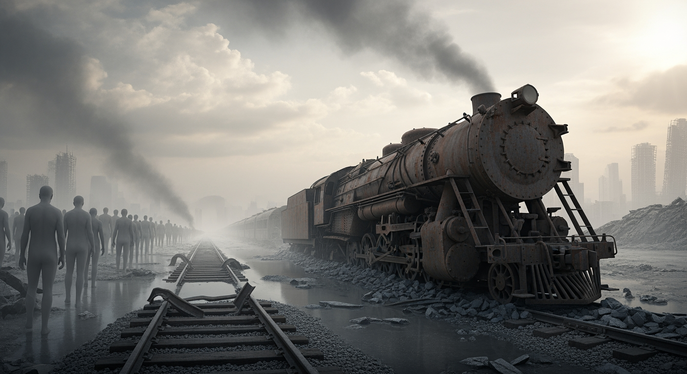 AI Design for A photorealistic image. An apocalyptic landscape, an atmosphere of the end of the world, a grey mass of people. When the locomotive falls silent and the last wheel comes to a halt, nothing will remain of us but a silent pair of rails... leading toward a desolate world.