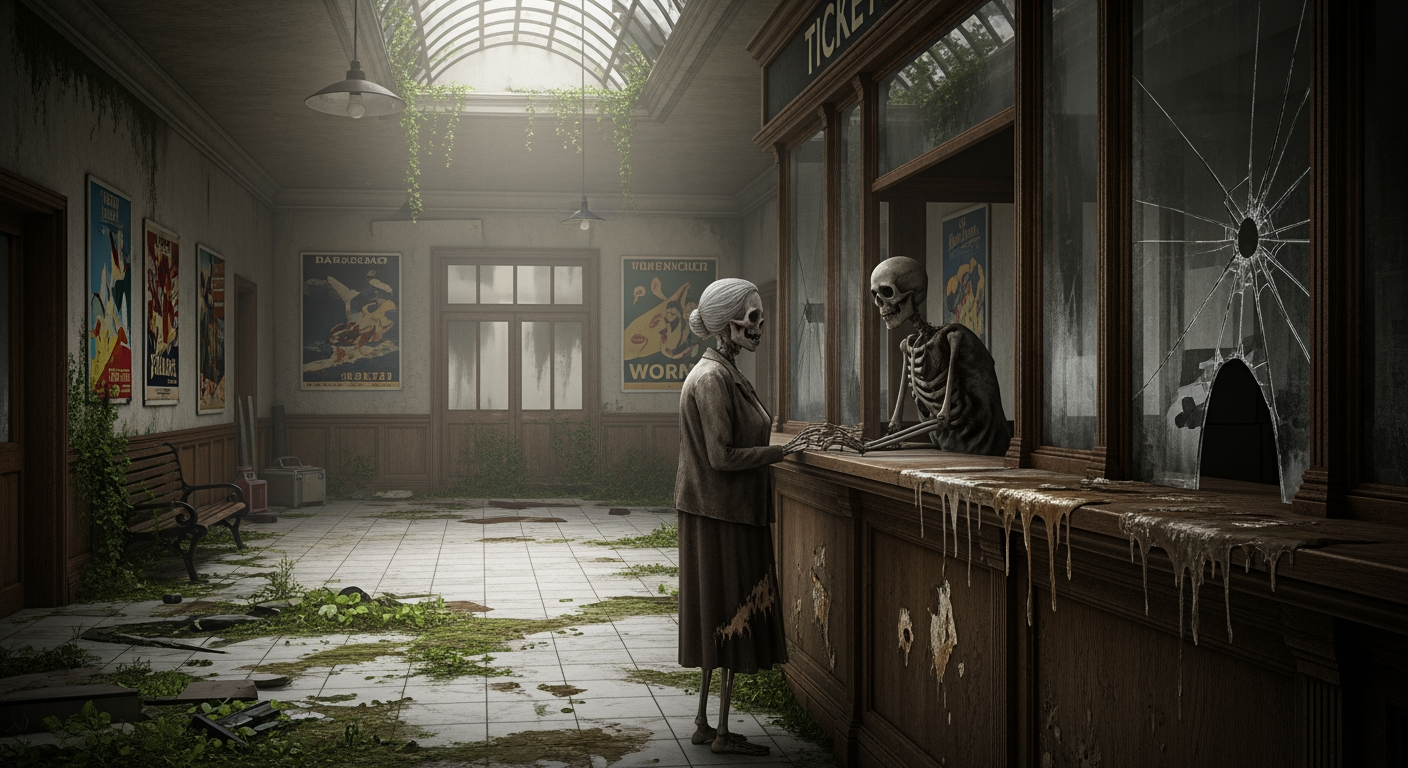 AI Design for A photorealistic image. An apocalyptic atmosphere inside a railway station, at a ticket counter. An elderly zombie-skeleton couple is buying tickets; the couple is wearing tattered clothes. The image focuses on the couple and the act of buying tickets.