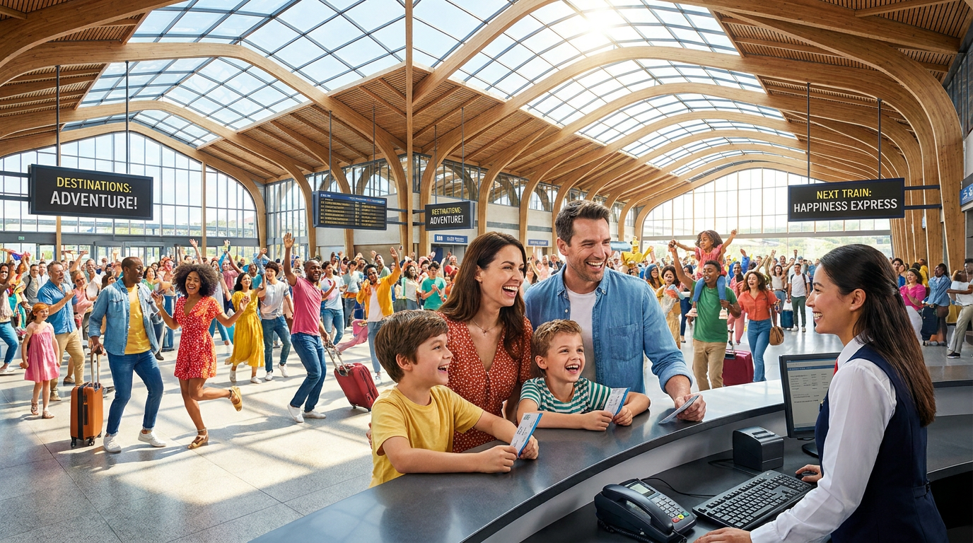 AI Design for A modern, gigantic railway station. A ticket counter. A happy family is buying tickets in front of the counter. A massive, colorful, happy, and cheerful crowd fills the station. The family buying tickets is the focal point. A clear, sharp image.