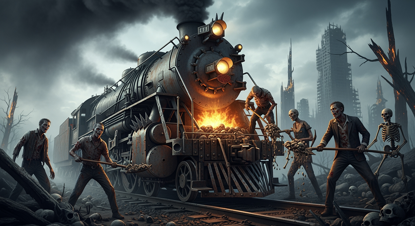 AI Design for Zombies and skeletons are stoking a steam locomotive, shoveling ash and bones into its firebox. The setting is apocalyptic and the atmosphere grim; thick smoke billows from the engine.