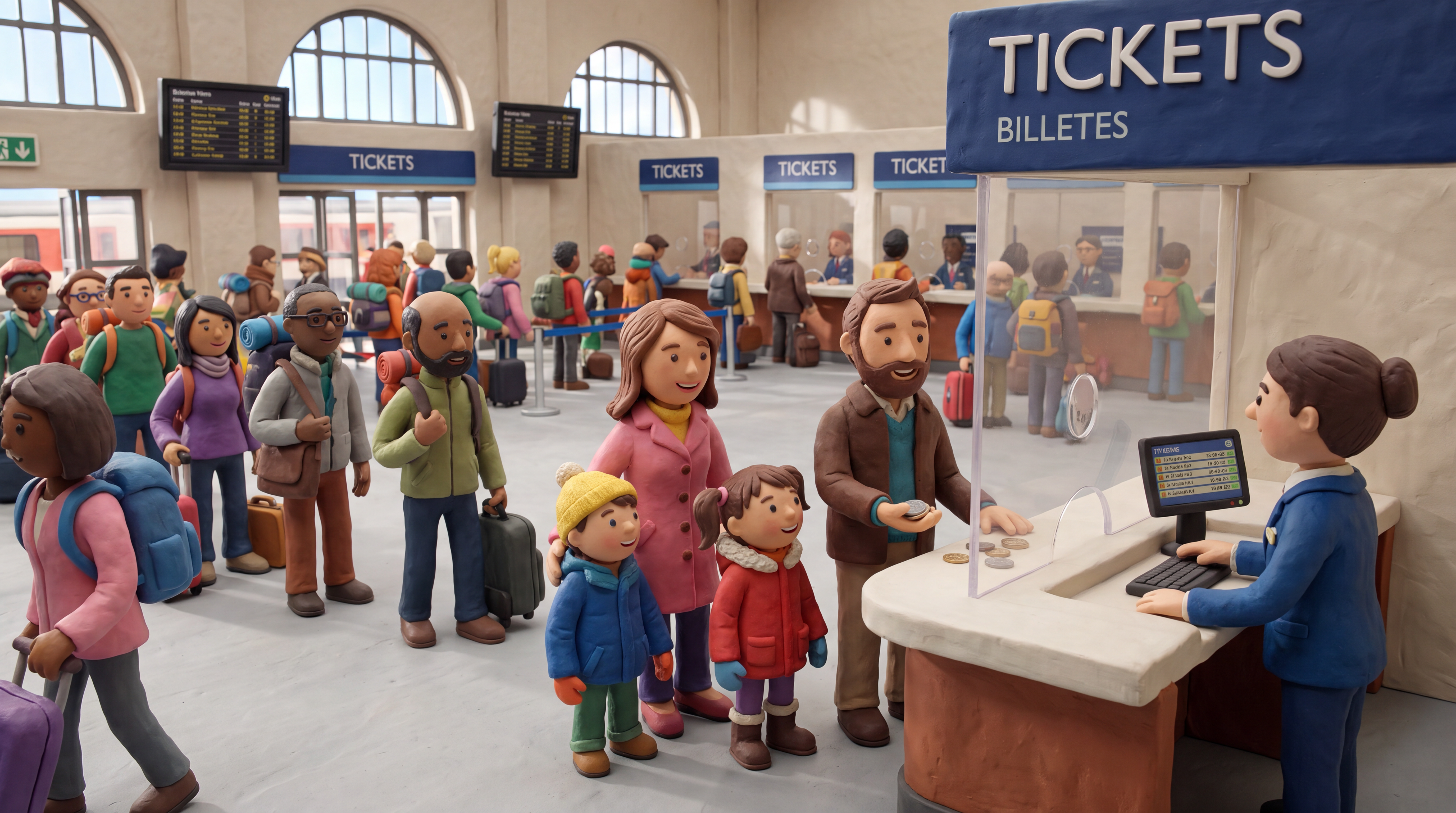 AI Design for Figures and a setting made of modeling clay. The ticket office of a modern railway station. A family is queuing in front of the ticket counter, wanting to buy tickets. The family is the focal point, surrounded by the station concourse, which is teeming with people all heading toward the ticket counters. The clay environment and the clay figures are true-to-life; the figures look photorealistic, happy, and smiling.