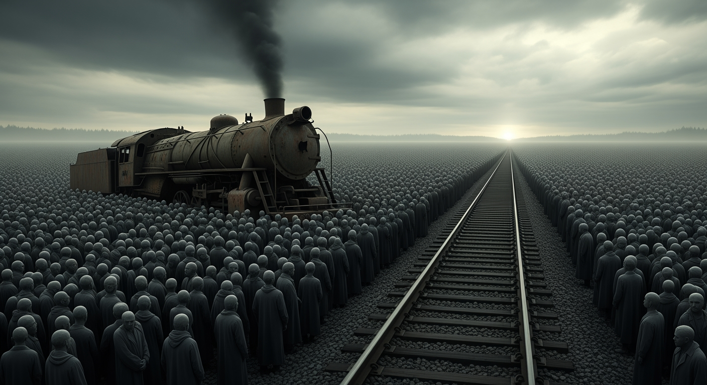 AI Design for A photorealistic image. An apocalyptic landscape, an atmosphere of the end of the world, a grey mass of people. When the locomotive falls silent and the last wheel comes to a halt, nothing will remain of us but a silent pair of rails... leading toward a desolate world.