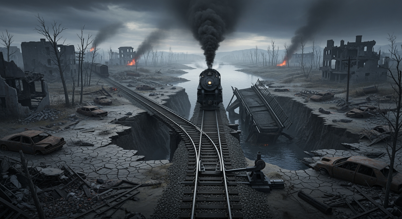 AI Design for A photorealistic image of a post-apocalyptic landscape. Burning, ruined buildings, wrecked cars, withered trees, and a black river. A pair of railway tracks stretches endlessly across the landscape. A steam locomotive, billowing thick smoke, moves toward a collapsed bridge. The tracks split at a broken switch. The main subjects are the bridge and the train.