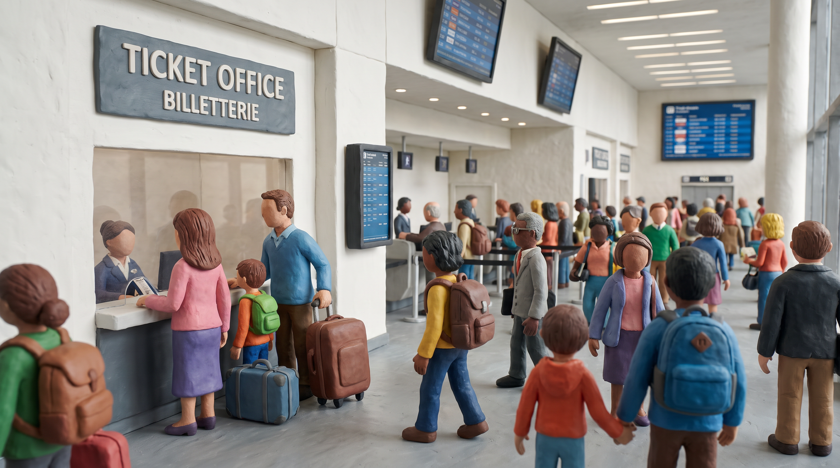 AI Design for Figures and a setting made of modeling clay. The ticket office of a modern railway station. A family is queuing in front of the ticket office, wanting to buy tickets. The family is the focal point, surrounded by the station concourse, which is teeming with people all heading toward the ticket counters. A realistic clay environment and realistic clay figures.