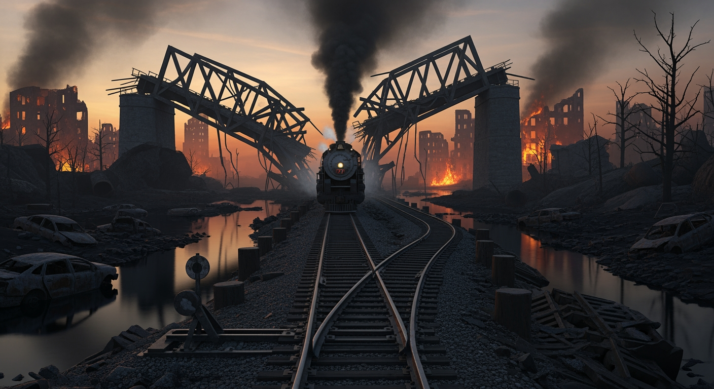 AI Design for A photorealistic image. An apocalyptic landscape featuring a collapsed railway bridge. Burning, ruined buildings, wrecked cars, withered trees, and a river of black, pitch-like water. A pair of tracks stretches endlessly across the landscape. A steam locomotive, billowing thick smoke, is heading toward the collapsed bridge. The track splits at a switch, which is broken. The main subjects are the bridge and the train.