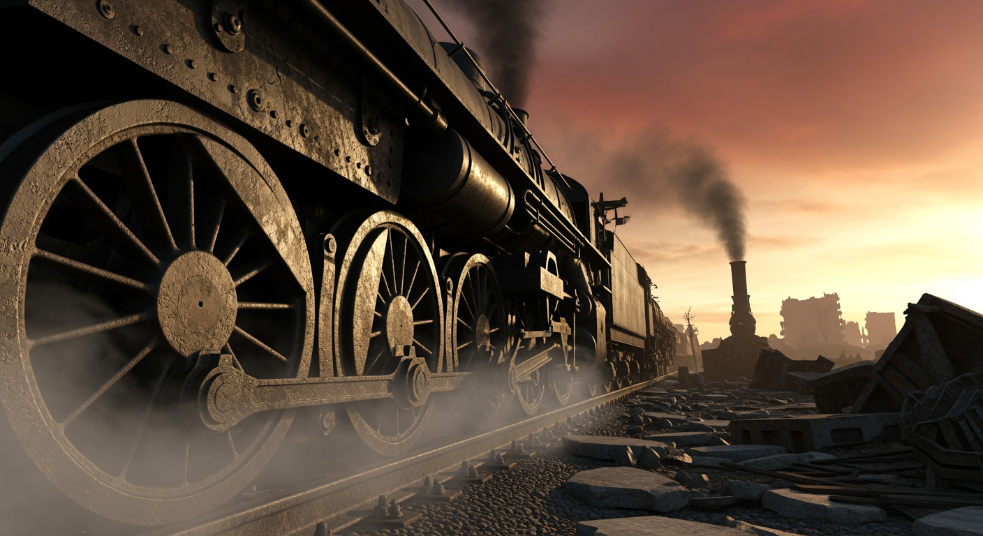 AI Design for An apocalyptic atmosphere. A steam locomotive; the image focuses on the locomotive's wheels, though the locomotive itself is also visible.
