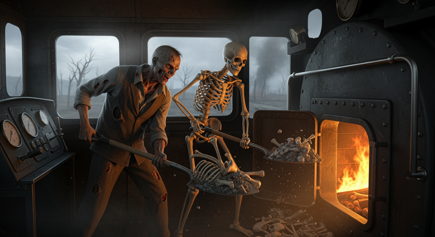 AI Design for Inside a speeding steam locomotive, a zombie and a skeleton are shoveling bones and ash into the firebox. Apocalyptic atmosphere, photorealistic image.