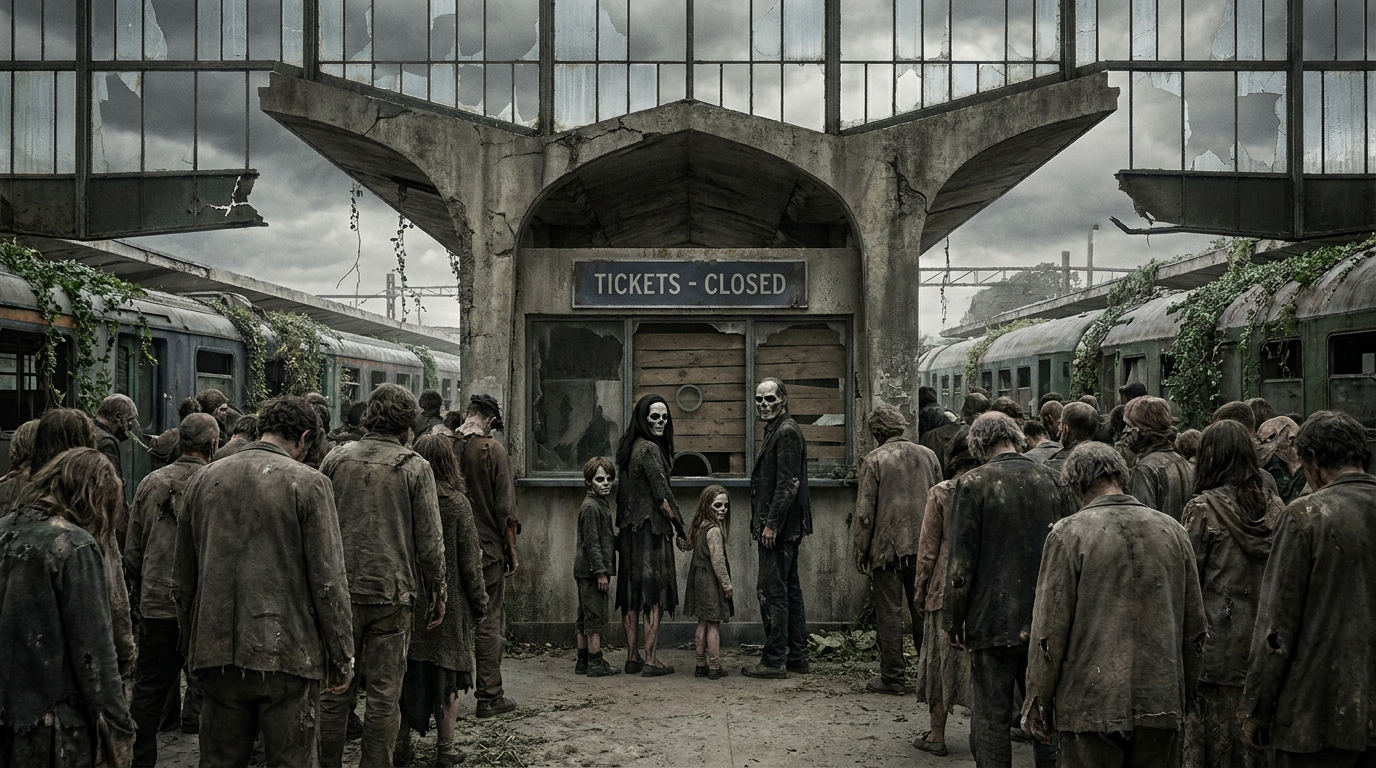 AI Design for A modern-day, apocalyptic, crumbling, dilapidated railway station. A family resembling skeleton-zombies is queuing in front of the ticket office; they want to buy tickets. The family is the focal point, surrounded by the vast station, which is teeming with zombie-like figures in tattered clothes, all trying to reach the ticket counters. A realistic apocalyptic setting featuring lifelike, ragged zombies—people who look real yet miserable. A crisp, sharp image.
