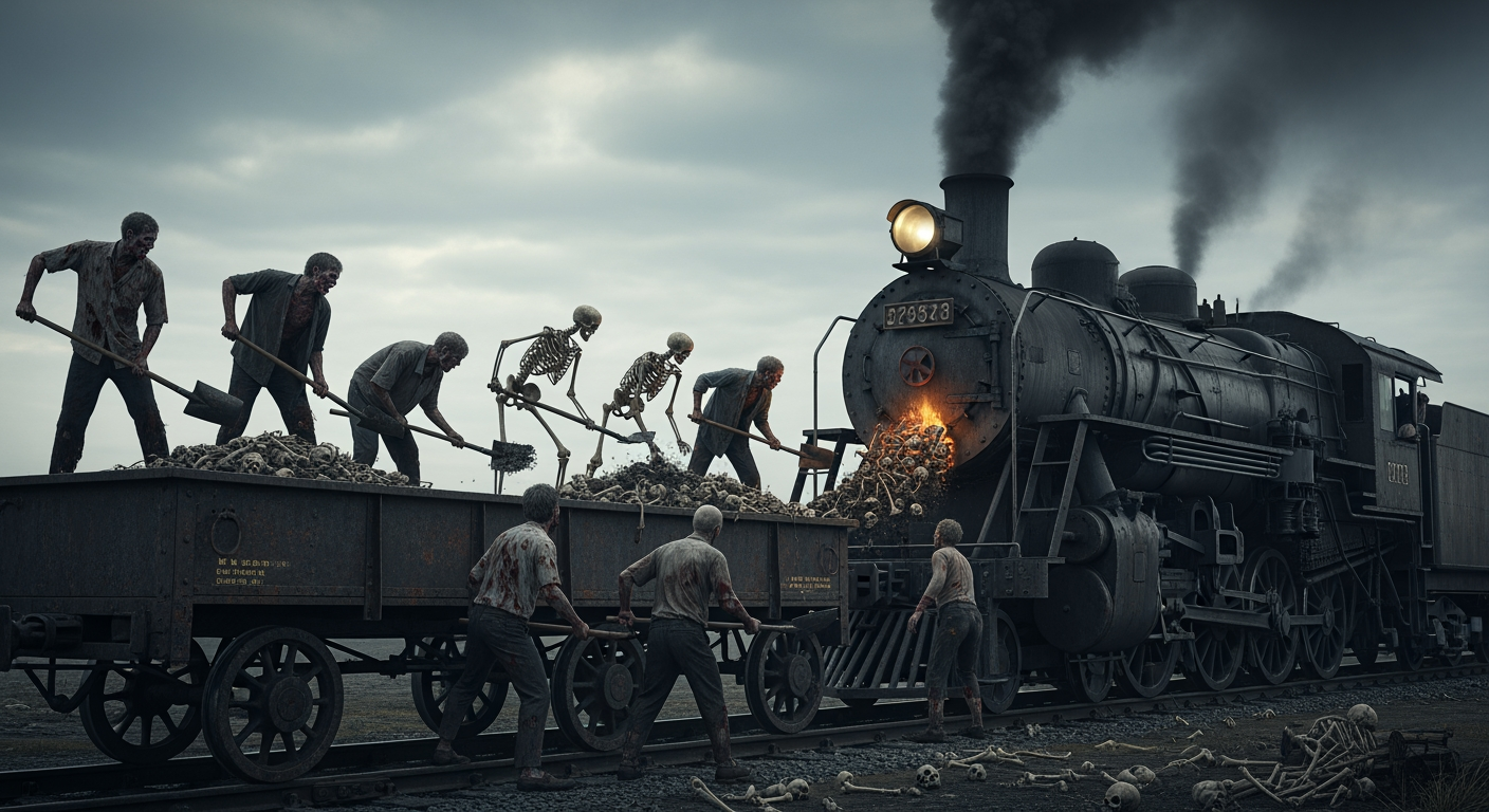 AI Design for Zombies and skeletons are stoking a steam locomotive, shoveling ash and bones from the back of the wagon into the firebox. It is an apocalyptic setting with a somber atmosphere, and thick smoke billows from the locomotive.