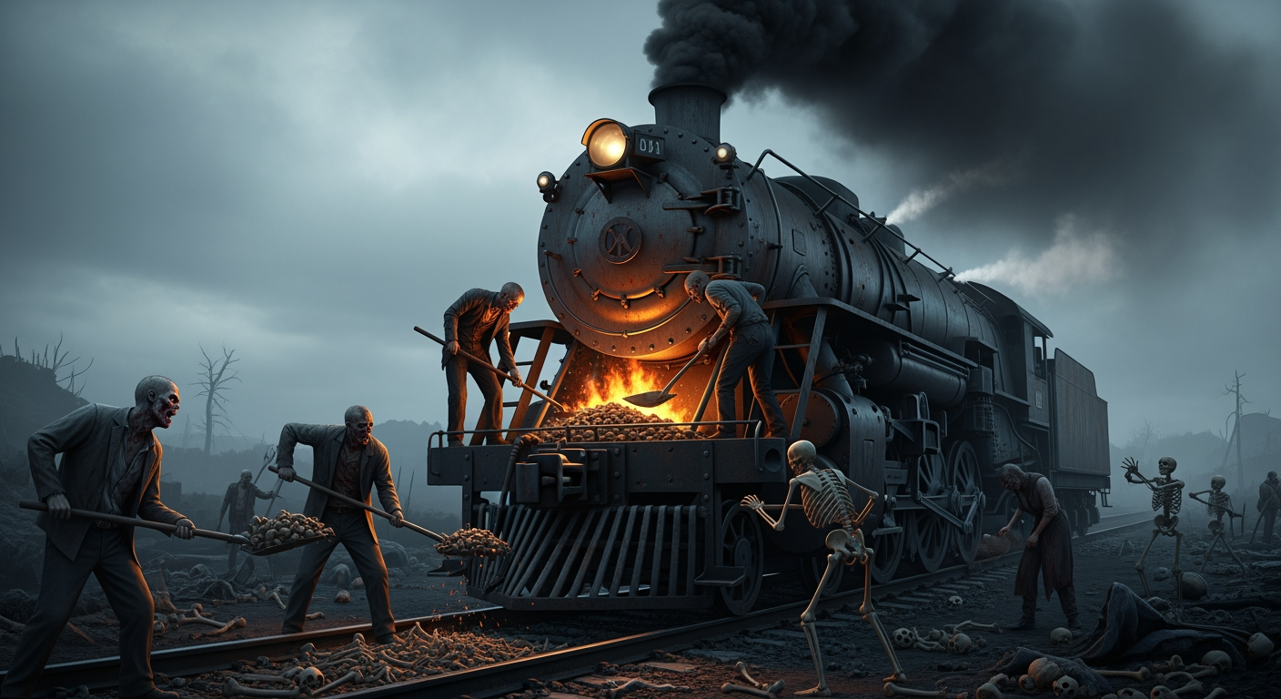 AI Design for Zombies and skeletons are stoking a steam locomotive, shoveling ash and bones into its firebox. The setting is apocalyptic and the atmosphere grim; thick smoke billows from the engine.