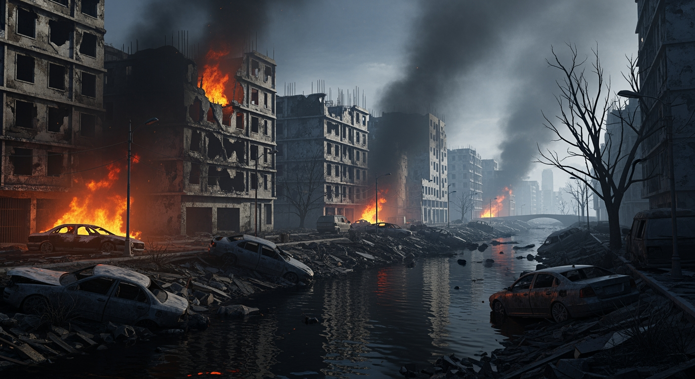 AI Design for Photorealistic image. Apocalyptic landscape. Burning, ruined buildings, wrecked cars, withered trees, a black river.