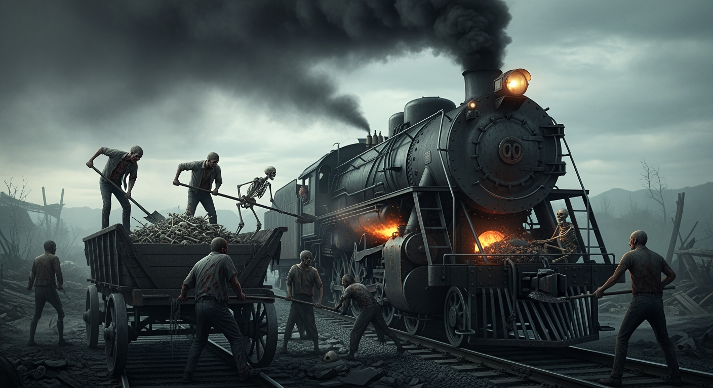 AI Design for Zombies and skeletons are stoking a steam locomotive, shoveling ash and bones from the back of the wagon into the firebox. It is an apocalyptic setting with a somber atmosphere, and thick smoke billows from the locomotive.