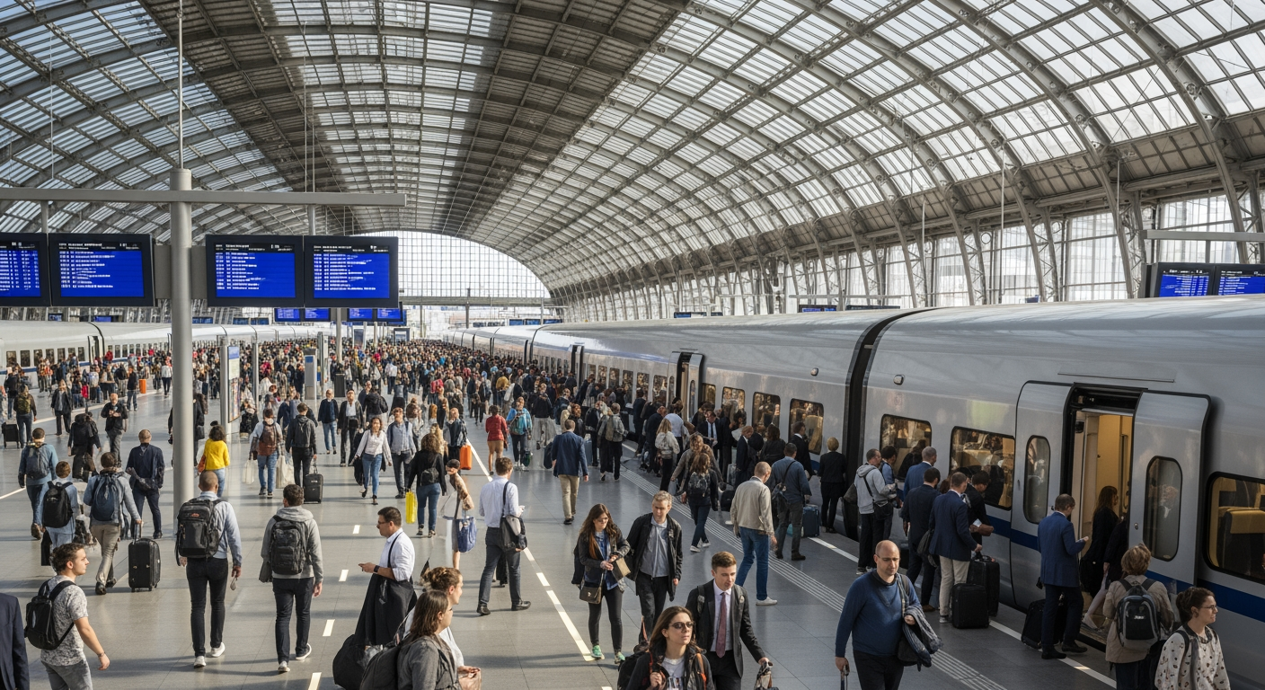 AI Design for .A gigantic, modern railway station featuring a single, very long, modern train that people are boarding. A vast number of people—thousands of them—want to board the train.