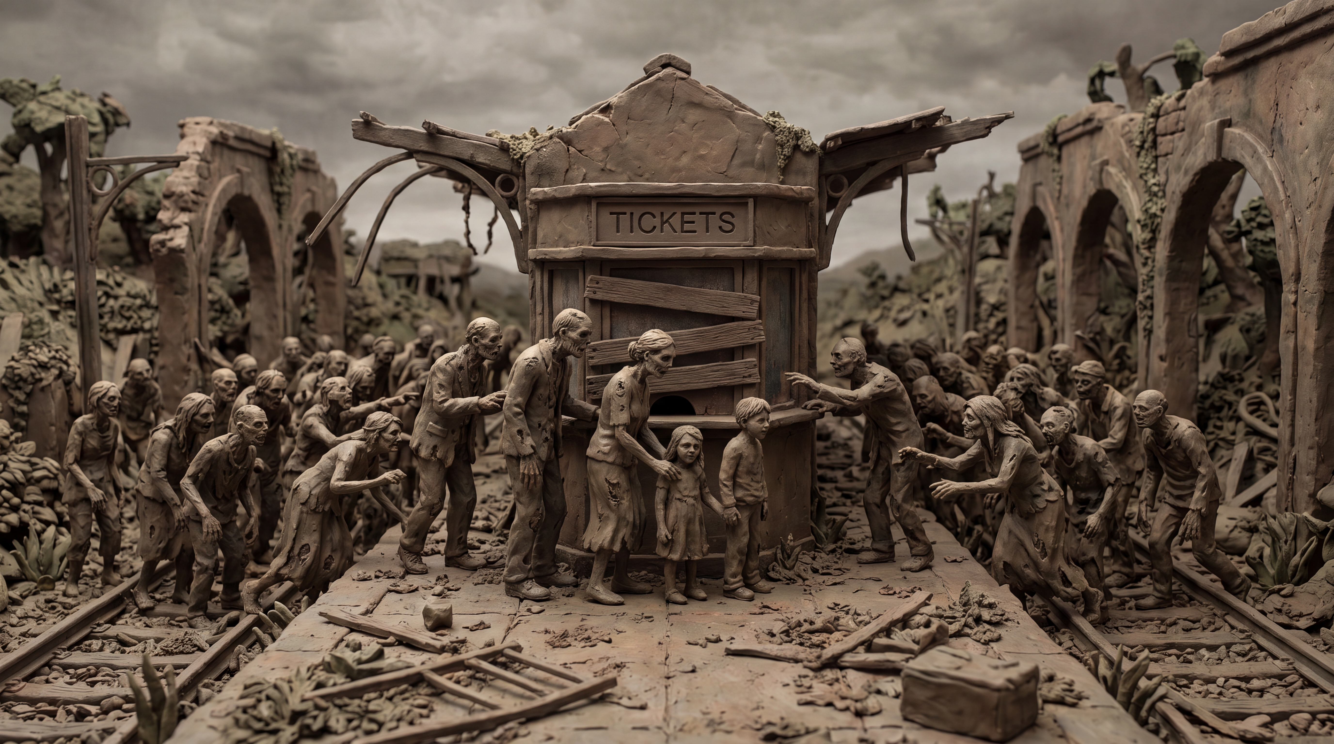 AI Design for Clay figures and a clay setting. A modern, crumbling, ruined, and dilapidated railway station in an apocalyptic world. A family resembling skeleton-zombies is queuing in front of the ticket office, wanting to buy tickets. The family is the focal point, surrounded by the station—which is teeming with zombie-like figures in tattered clothes, all trying to reach the ticket counter. A realistic, apocalyptic clay environment populated by lifelike, ragged zombie figures made of clay. The clay figures look photorealistic yet miserable.