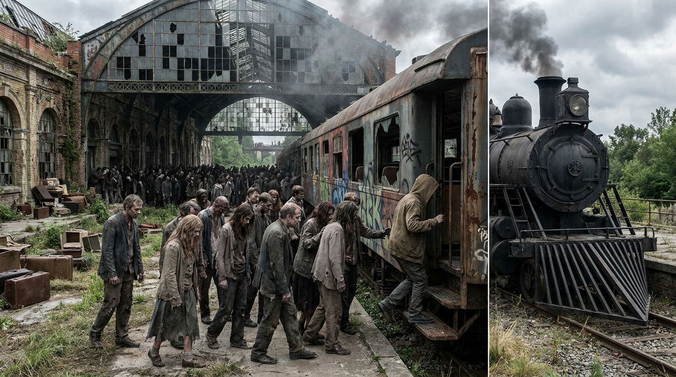 At a railway station, throngs of zombie-like people are boarding a dilapidated, apocalyptic, wrecked train. They are in the act of stepping onto the train's steps. Behind the person boarding, the vast, ruined, weed-choked, and smoky station is visible, filled with crowds of people waiting to board the train. A Gothic steam locomotive stands in front of the railway carriage. A crisp, sharp image. Photorealistic.