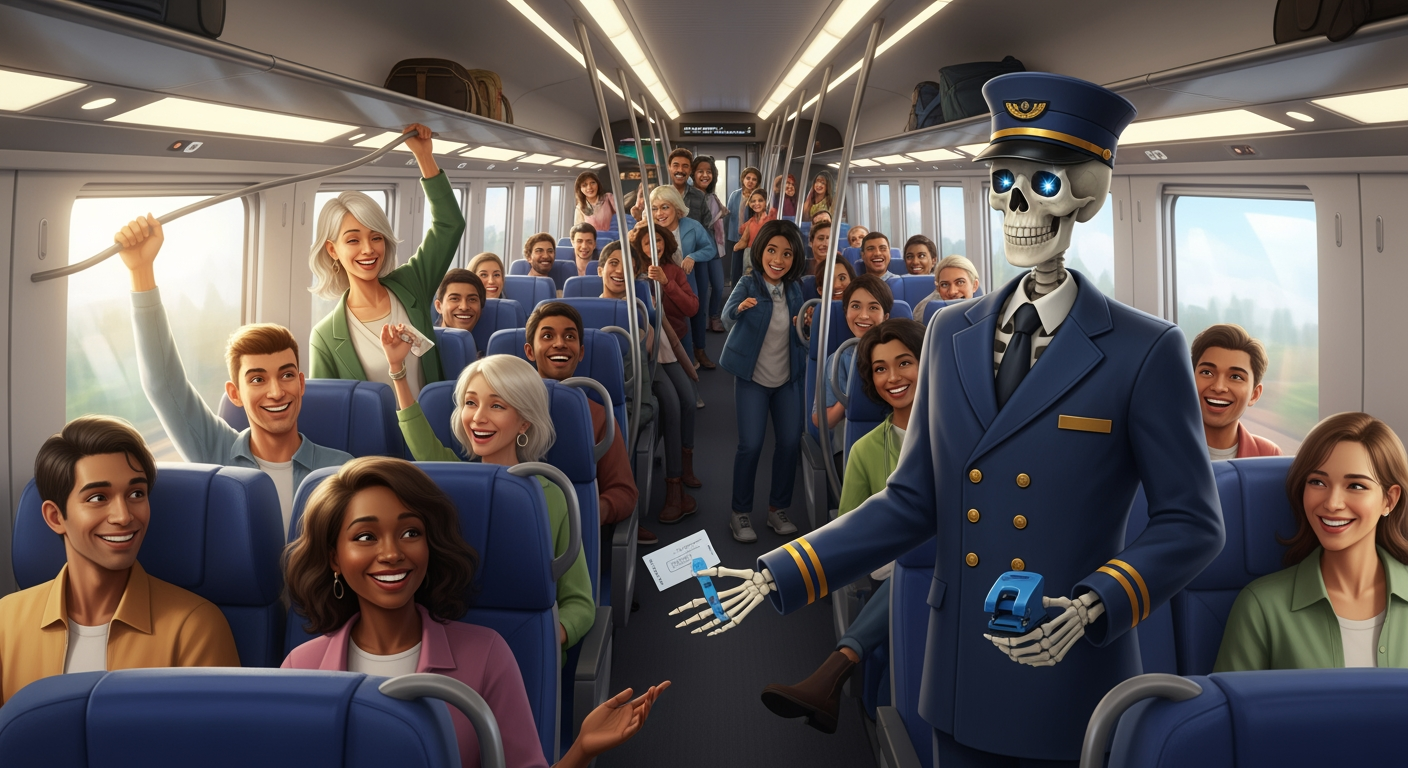 AI Design for The interior of a modern train, filled with cheerful passengers. Every seat is taken, and several people are standing. Standing among the colorful, happy passengers is a skeleton conductor—a ticket inspector.