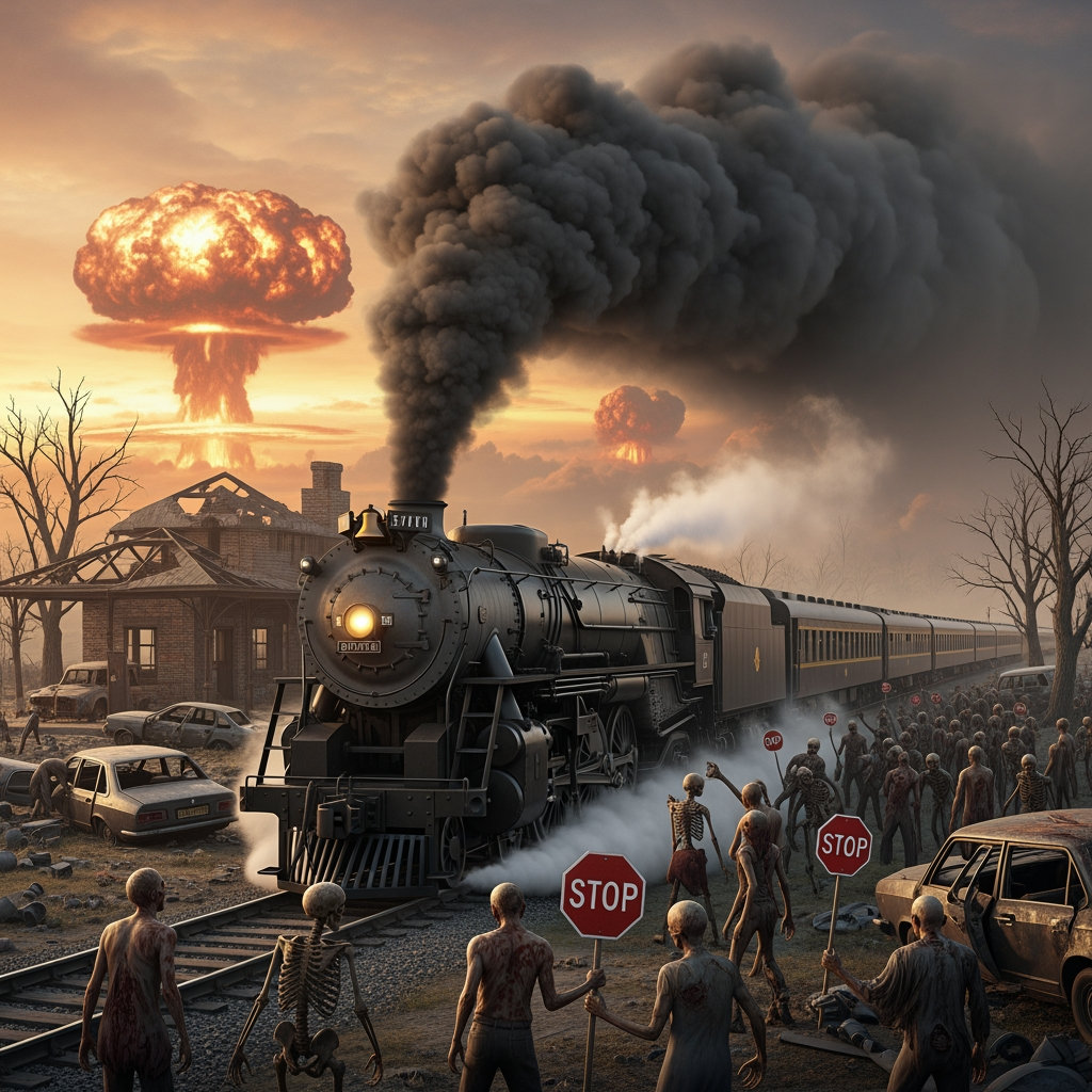 AI Design for A photorealistic image of a steam locomotive viewed from the side, set in an apocalyptic landscape featuring a ruined railway station, wrecked cars, and withered trees. In the distance, the mushroom cloud of a nuclear explosion rises. Endless passenger carriages trail behind the locomotive, and massive smoke billows from its smokestack. Zombies and skeletons stand in front of the engine, holding "STOP" signs.